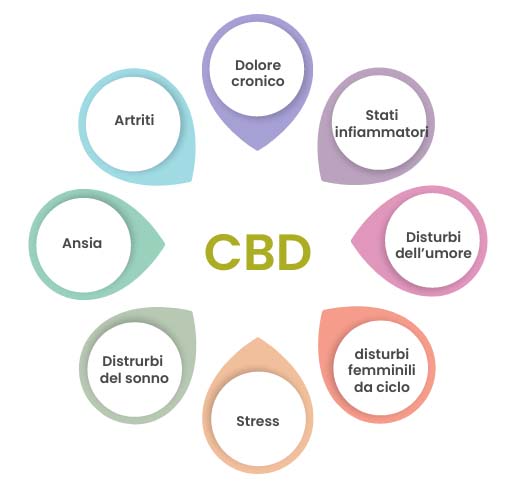 alt="Proprietà CBD e areee di efficacia"